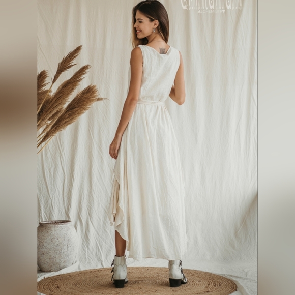 White Linen Dress ∆ Women Boho Wedding Dress ∆ Maxi Bohemian Dress ∆ Asymmetric - Picture 4 of 9